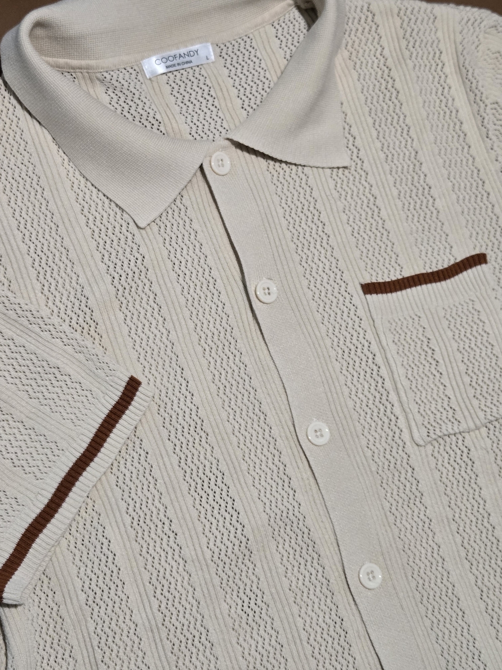 Coofandy Beige Knit Polo with Brown Trim